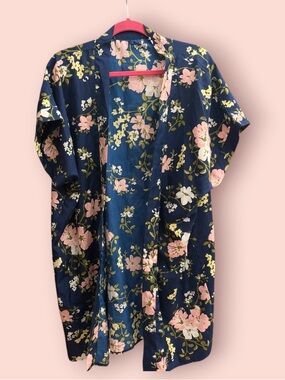 Navy Floral Satin Kimono Cardigan, Kimono Cover Up